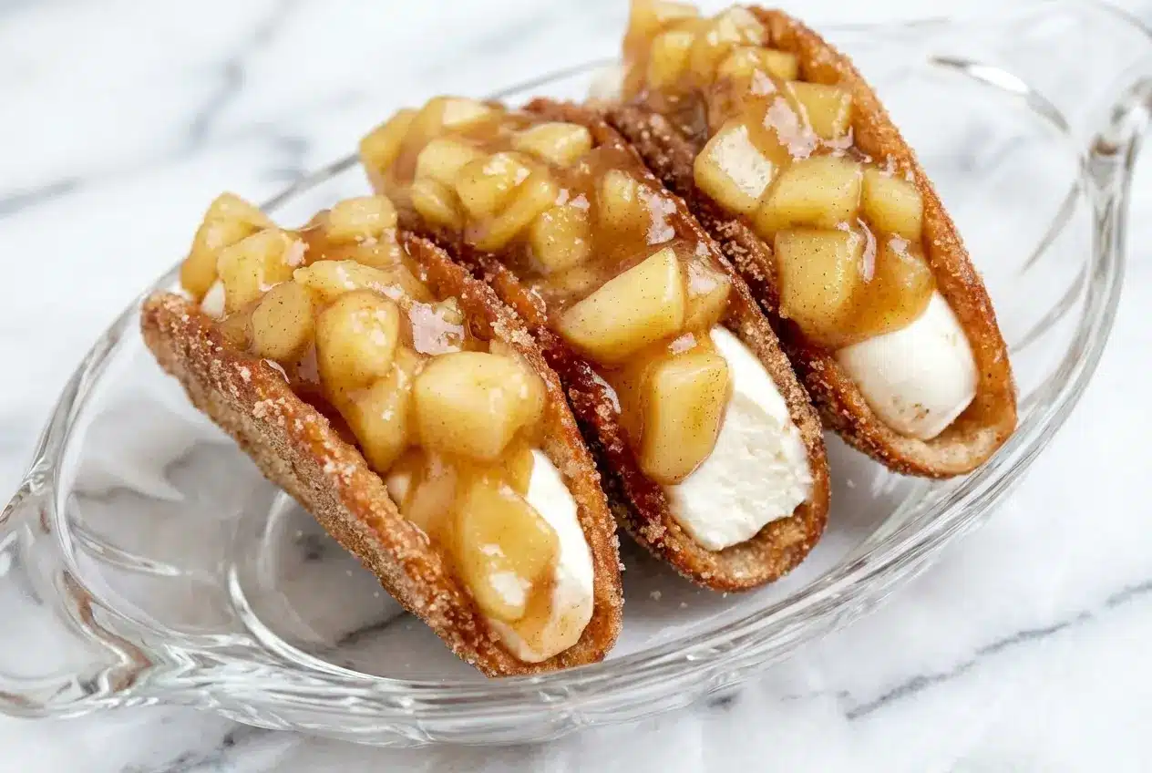 Crispy Apple Cheesecake Tacos with salted caramel smeared inside the cinnamon-sugar shells topped with flaky sea salt.