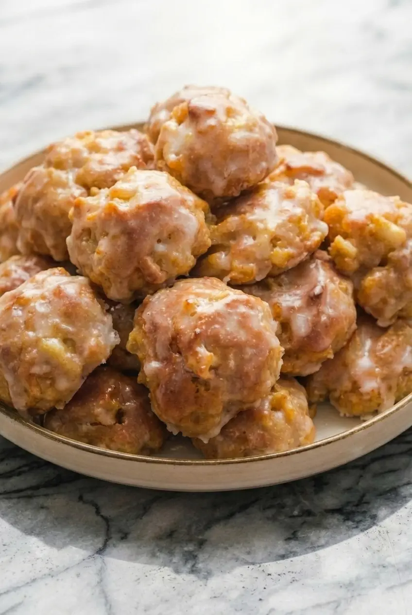 Close-up of the tender, airy interior texture of Apple Fritter Bites showing caramelized apple chunks.