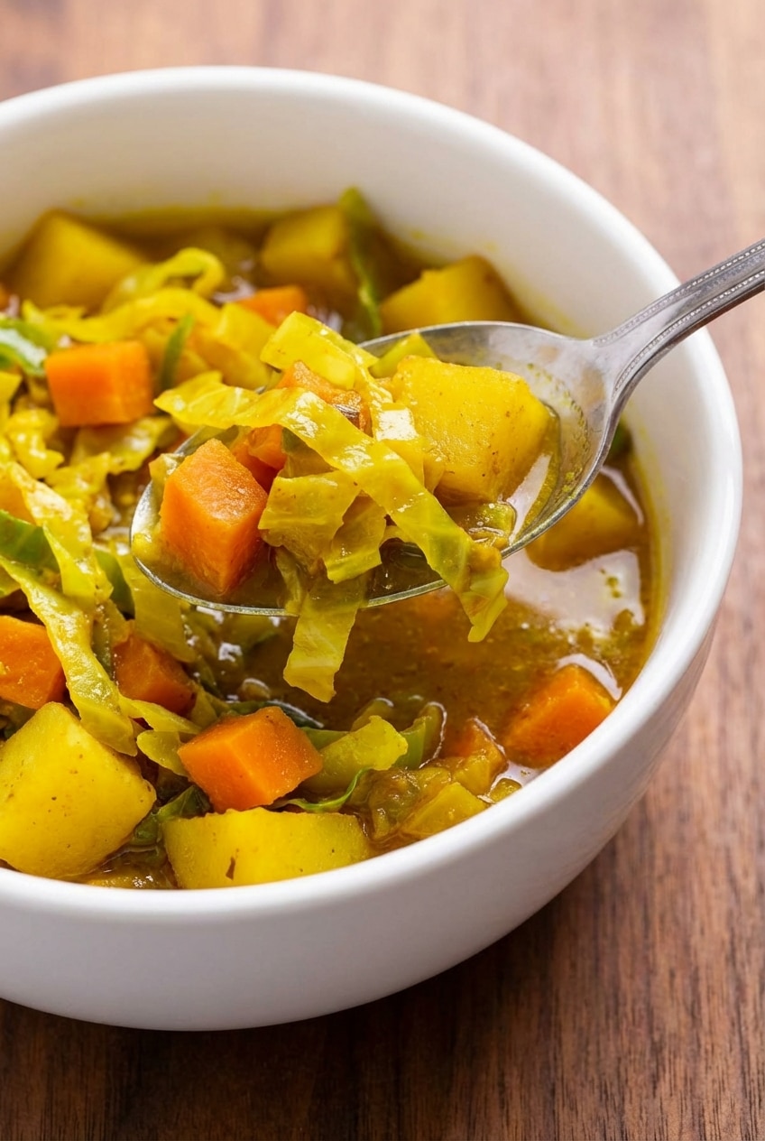Close up of tender root vegetables and spices simmering together to create perfect texture in this atakilt wat recipe.