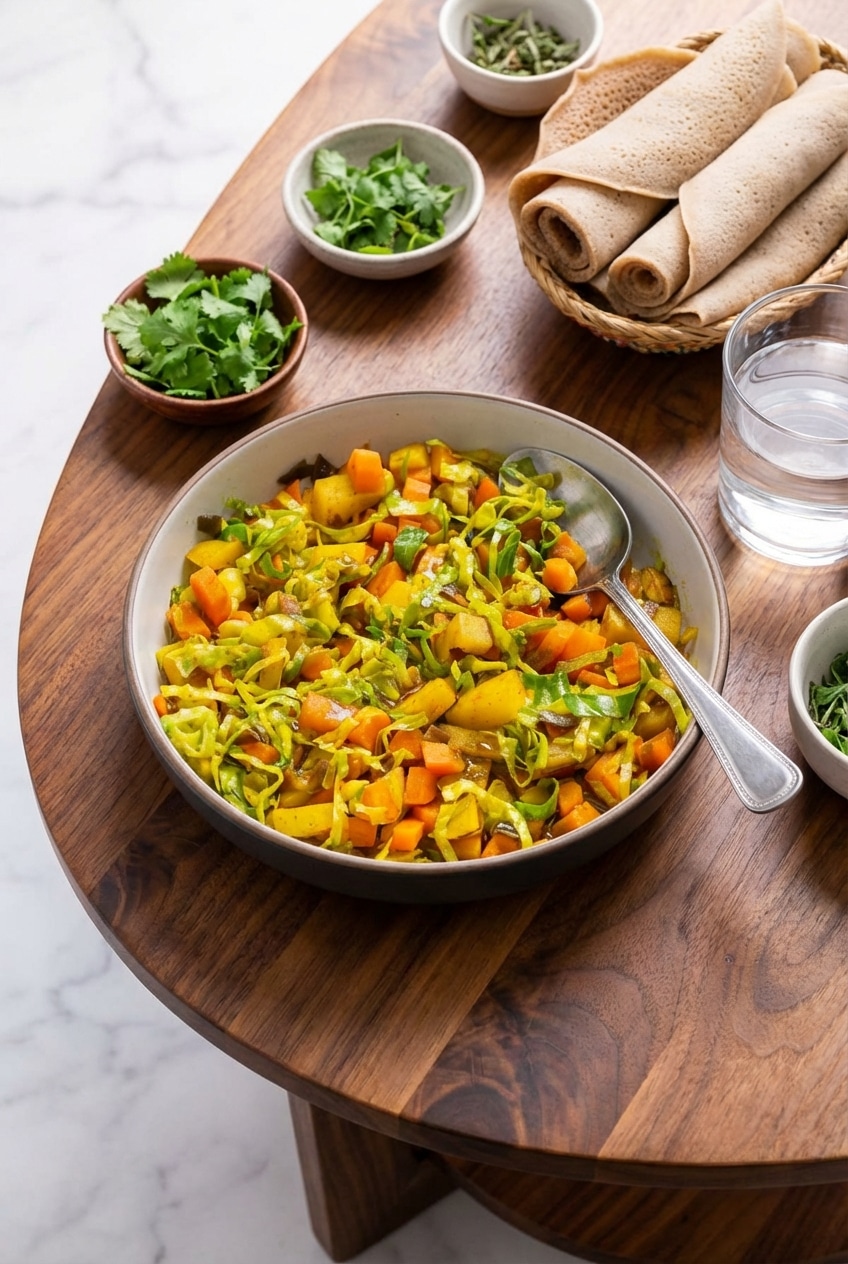A warm bowl of this atakilt wat recipe served alongside traditional injera bread for a cozy, gluten-free vegan dinner.