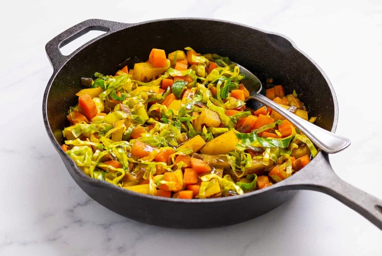 Ethiopian cabbage stew in a cast iron skillet using the faux niter kibbeh blooming technique for this atakilt wat recipe.