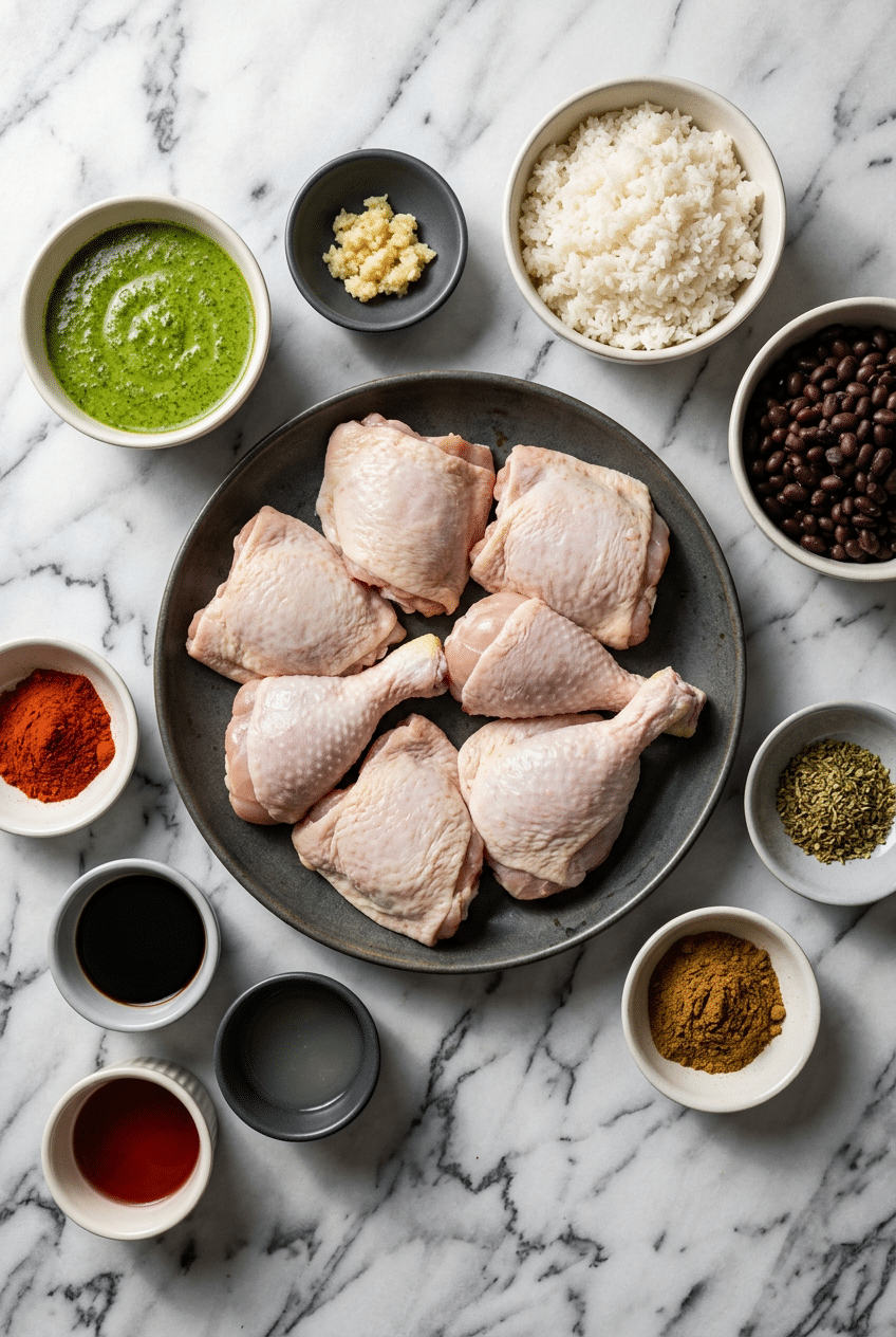 Flat lay of ingredients for a Pollo a la Brasa recipe, featuring Ají Panca, Huacatay paste, soy sauce, and spices.