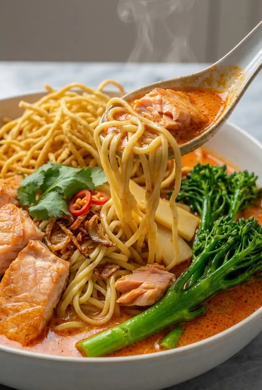Close-up of steaming Thai Red Curry Noodle Soup garnished with bright Thai basil and brittle fried noodles.