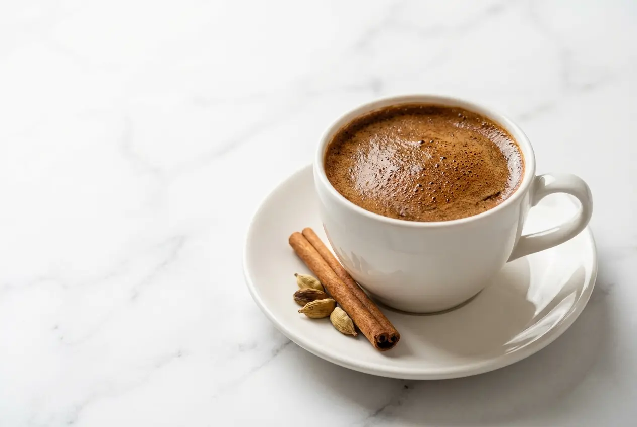 Steaming cup of our yemeni coffee recipe, brewed thick and rich using toasted spices and a triple boil and rest method.