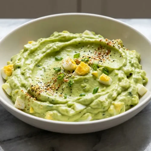Creamy avocado egg salad recipe topped with everything bagel seasoning in a white bowl.