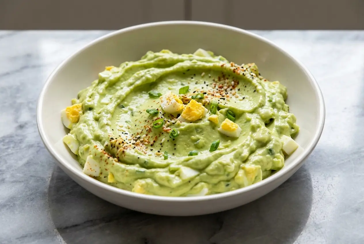 Creamy avocado egg salad recipe topped with everything bagel seasoning in a white bowl.