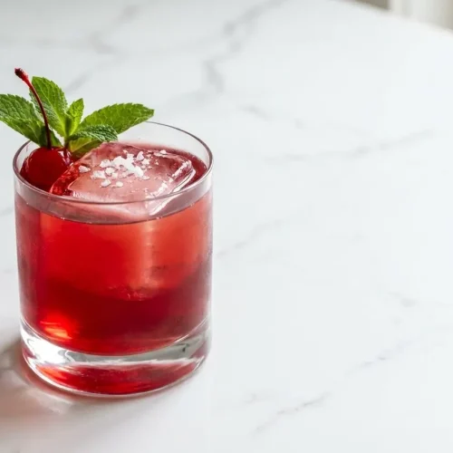 Vibrant pink Azalea Cocktail Recipe served over ice, featuring homemade pomegranate-orange blossom grenadine and a pinch of salt.