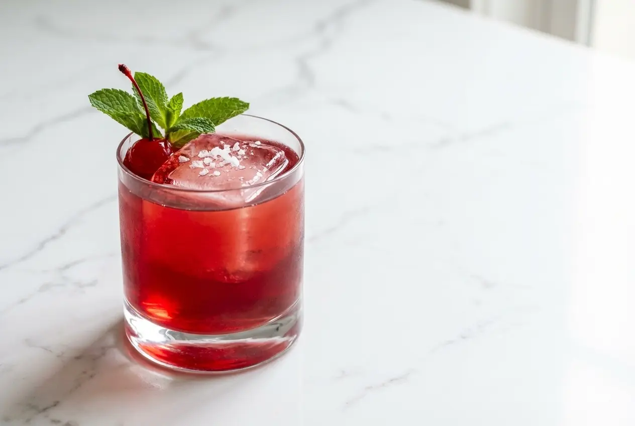 Vibrant pink Azalea Cocktail Recipe served over ice, featuring homemade pomegranate-orange blossom grenadine and a pinch of salt.