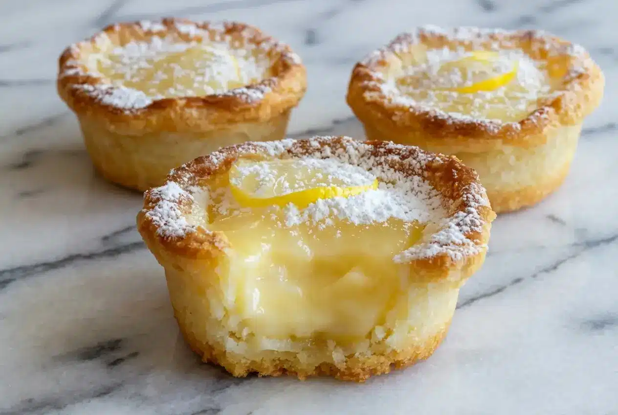 Mini Baby Lemon Impossible Pies Recipe with a golden crustless edge, flavored with browned butter and zesty steeped milk.