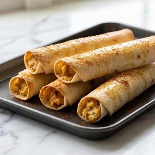 A platter of golden-brown baked creamy chicken taquitos, glistening from a smoked paprika and lime oil wash, ready to be served.