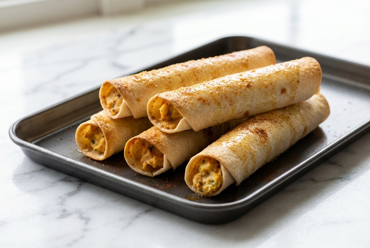 A platter of golden-brown baked creamy chicken taquitos, glistening from a smoked paprika and lime oil wash, ready to be served.