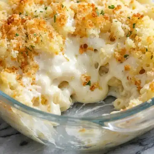 Golden Baked Macaroni and Cheese with a crispy panko topping and garlic-infused Mornay sauce.