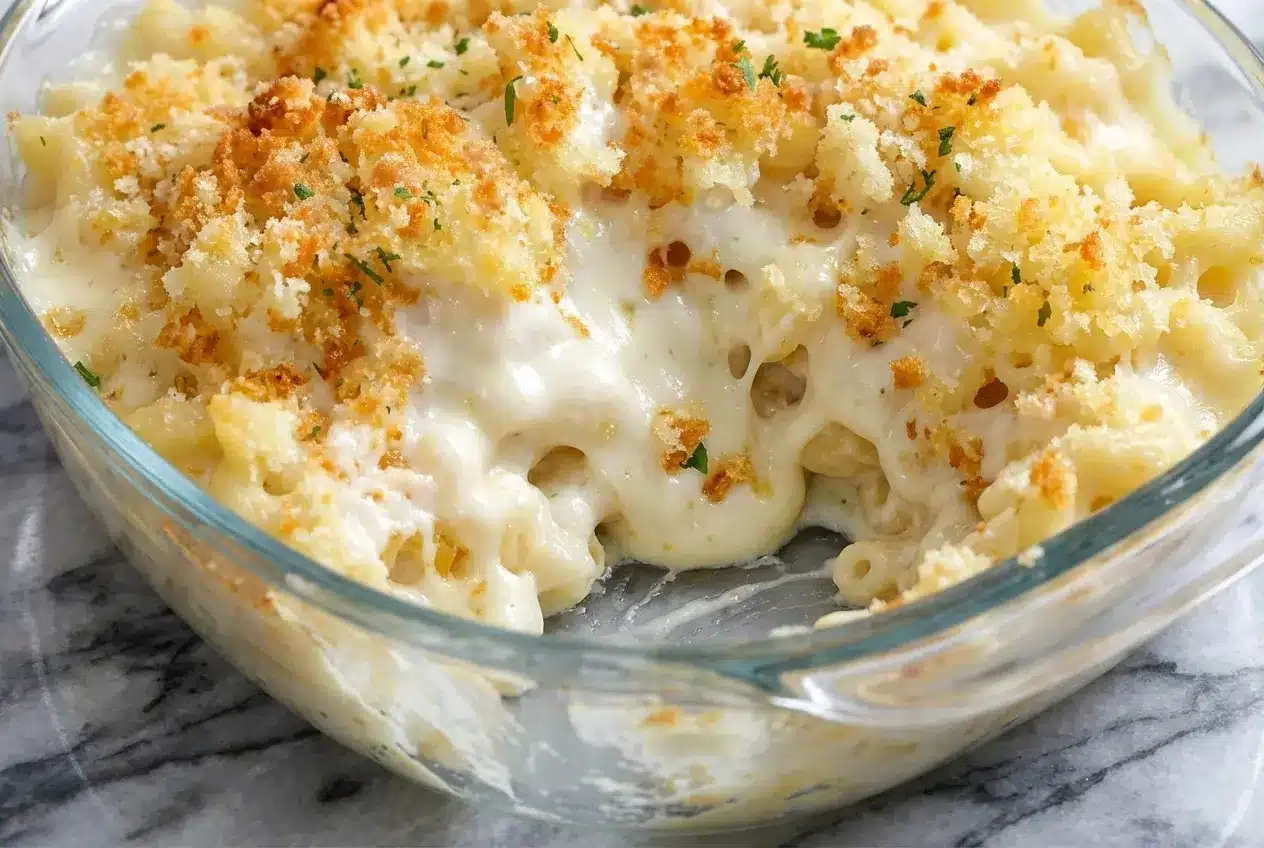 Golden Baked Macaroni and Cheese with a crispy panko topping and garlic-infused Mornay sauce.