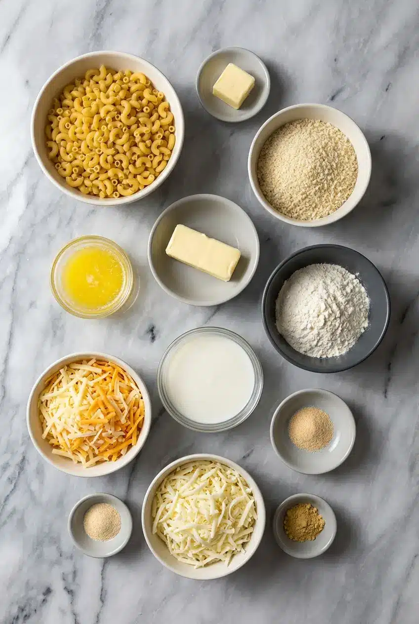 Raw ingredients for Baked Macaroni and Cheese including Sharp Cheddar, Gruyère, panko breadcrumbs, garlic, and nutmeg.