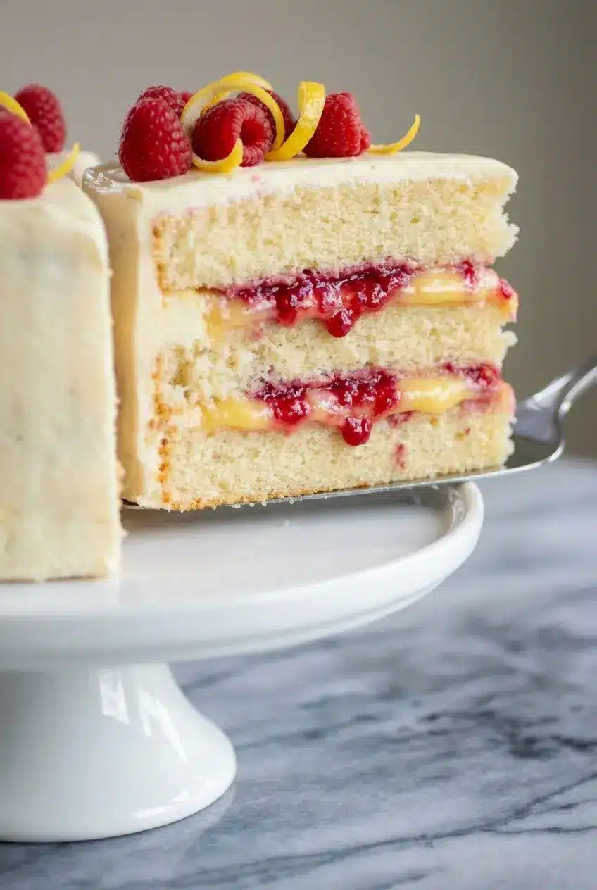 Using an offset spatula to apply American buttercream over a lemon raspberry cake for a professional finish.