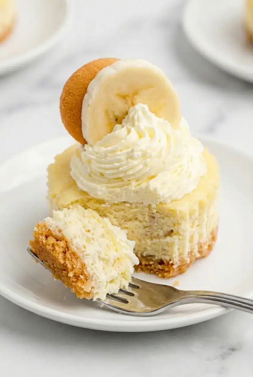 Mini Banana Pudding Cheesecakes baking in a muffin tin with cupcake liners, showing smooth tops without cracks.