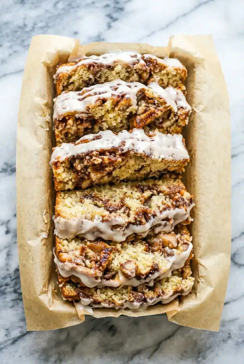 Famous Apple Fritter Bread in a loaf pan showing a bubbling cinnamon sugar swirl and golden edges.