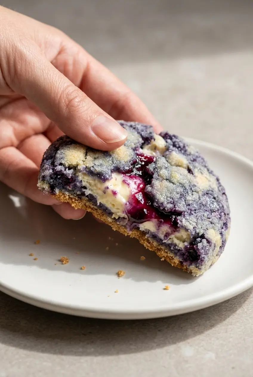 Blueberry Cheesecake Cookies cooling on parchment paper after being shaped with a cookie scoop.