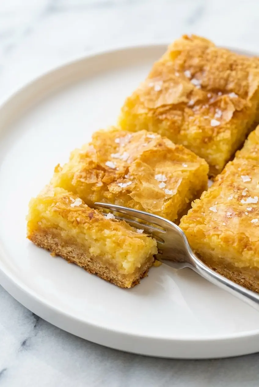 Baked Cream Cheese Squares in a parchment paper lined pan showing a perfectly golden, crackly top.