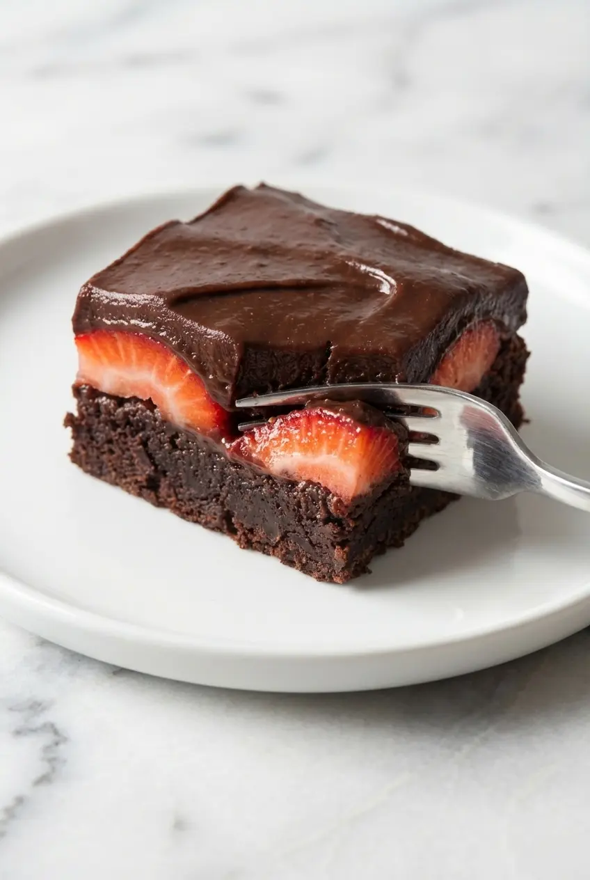 A close-up of fudgy Chocolate Covered Strawberry Brownies showing the dense crumb and jam-coated base.