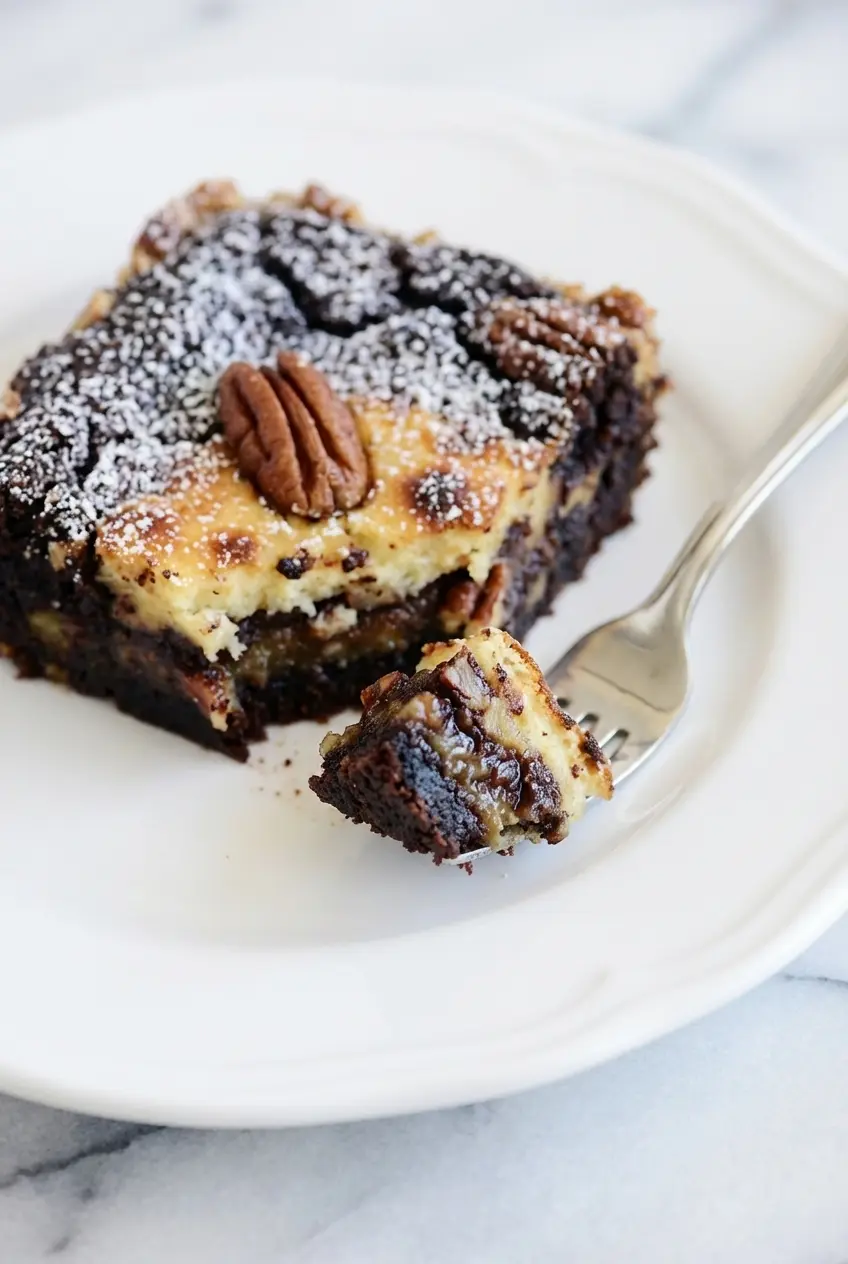 Baked Chocolate Pecan Ooey Gooey Butter Cake in a 9x13 baking dish showing the perfect jiggle test texture.
