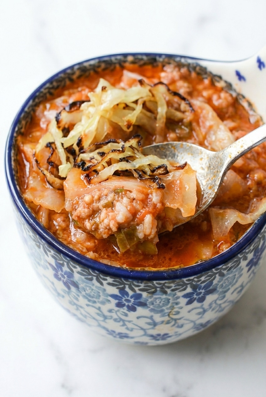 Close-up of Golumpki Soup showing the Maillard reaction on cabbage bits and a splash of Worcestershire sauce.