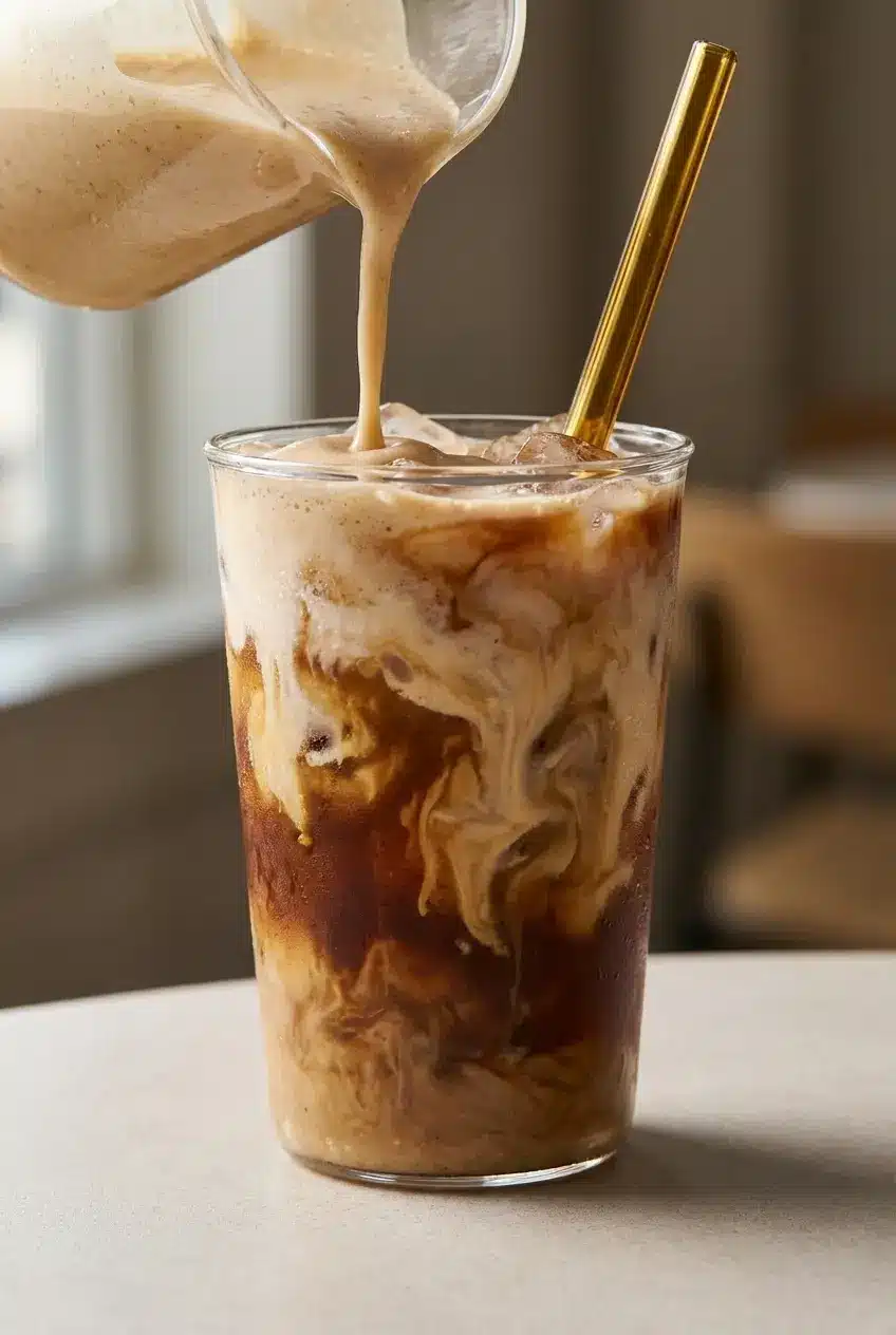 Pouring frothy banana milk over pebble ice to create a perfectly layered Banana Iced Coffee.