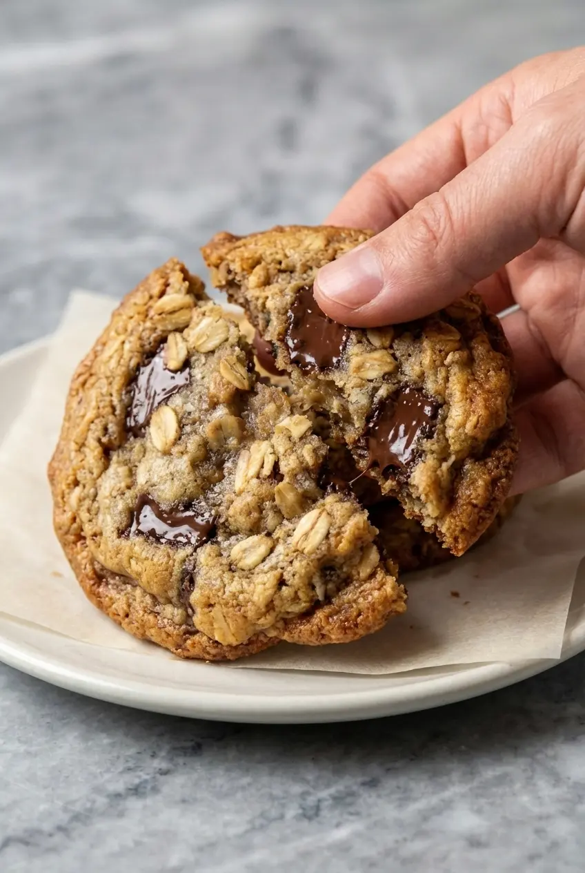Close-up texture of Banana Oatmeal Chocolate Chip Cookies showing a moist crumb and melted dark chocolate.