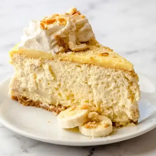 Creamy Banana Pudding Cheesecake on a nutty brown butter Nilla Wafer crust with lemon-brushed fresh banana layers.