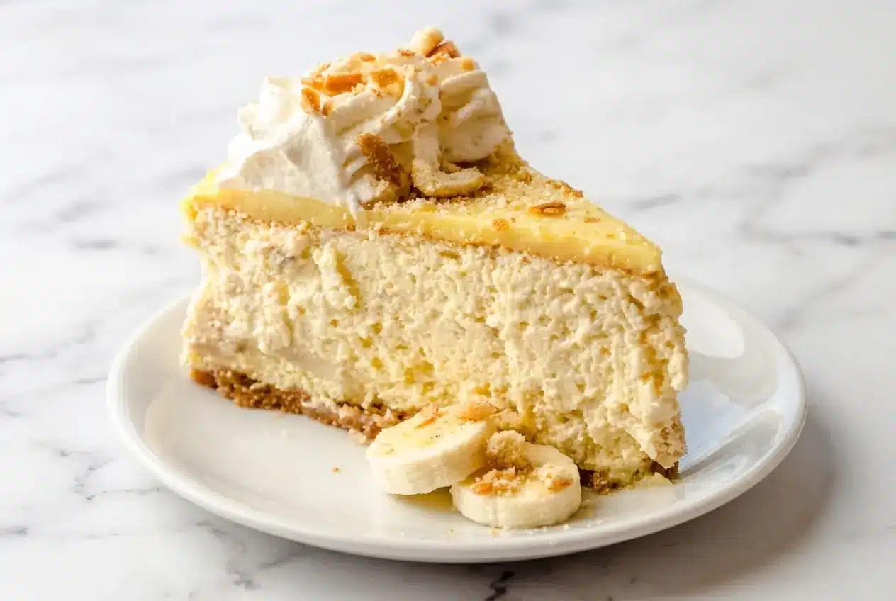 Creamy Banana Pudding Cheesecake on a nutty brown butter Nilla Wafer crust with lemon-brushed fresh banana layers.