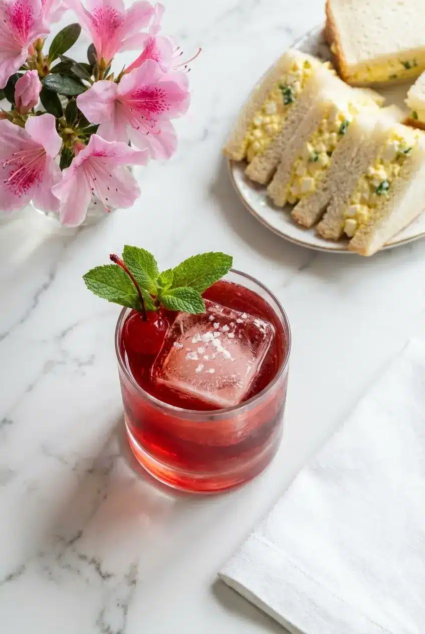 A pitcher of batch cocktails for an Azalea Cocktail Recipe party, set next to fresh lemon garnishes.