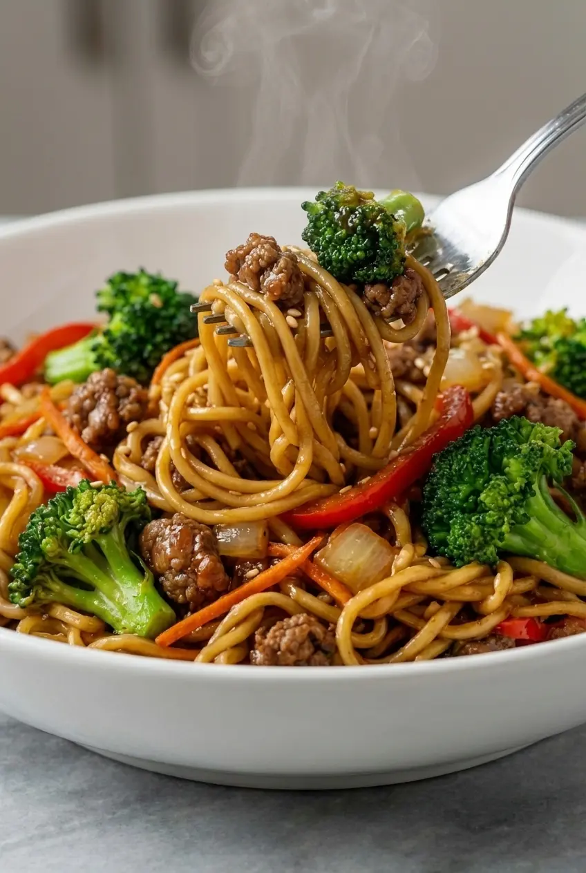 Close-up of beef and broccoli ramen stir fry showing the Maillard reaction on tender steak and glossy noodles.