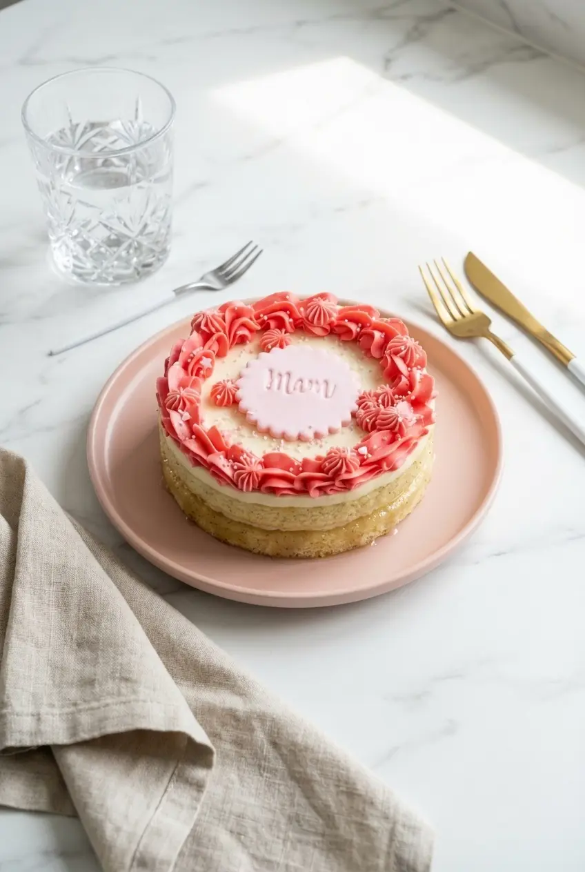 A decorated Bento Cake Recipe nestled inside a clamshell takeout box on parchment paper, ready to be gifted.