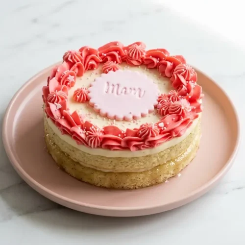 Frosted Bento Cake Recipe made from sheet-pan cake layers punched with a cookie cutter and brushed with sweet simple syrup.