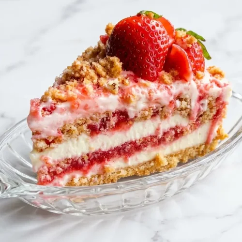 A slice of Berrylicious Strawberry Crunch CheeseCake with a freeze-dried strawberry crust and lemon-infused filling.