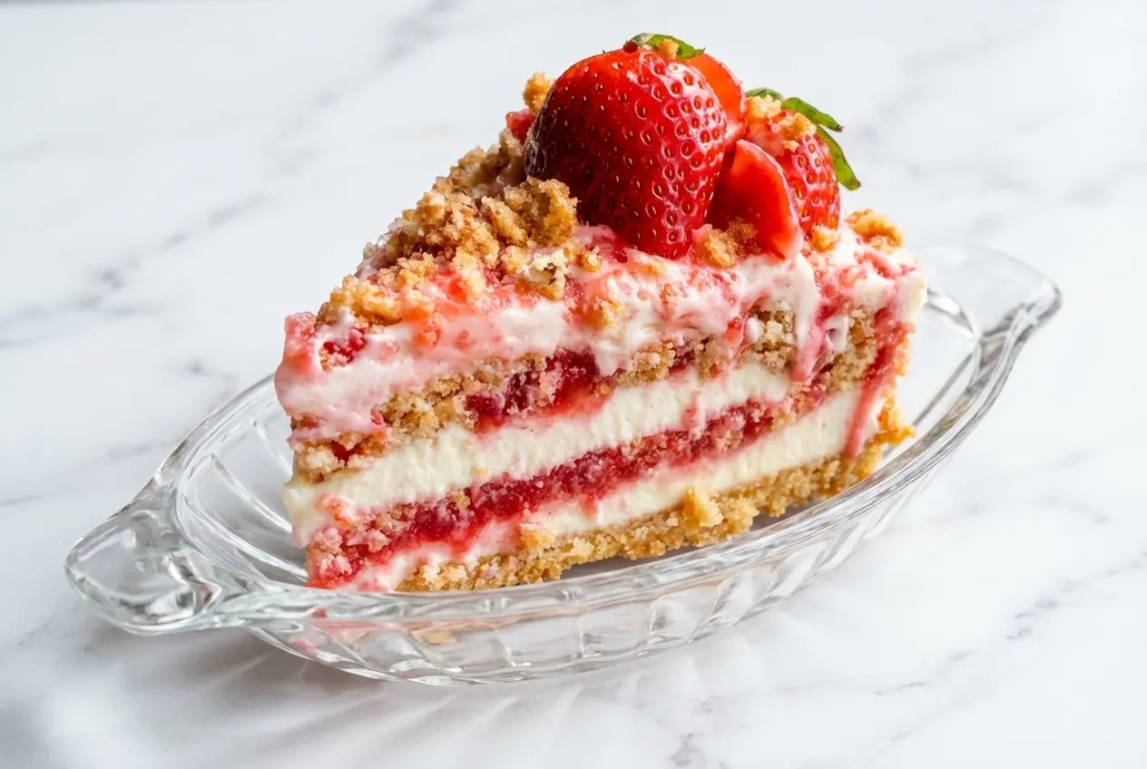 A slice of Berrylicious Strawberry Crunch CheeseCake with a freeze-dried strawberry crust and lemon-infused filling.