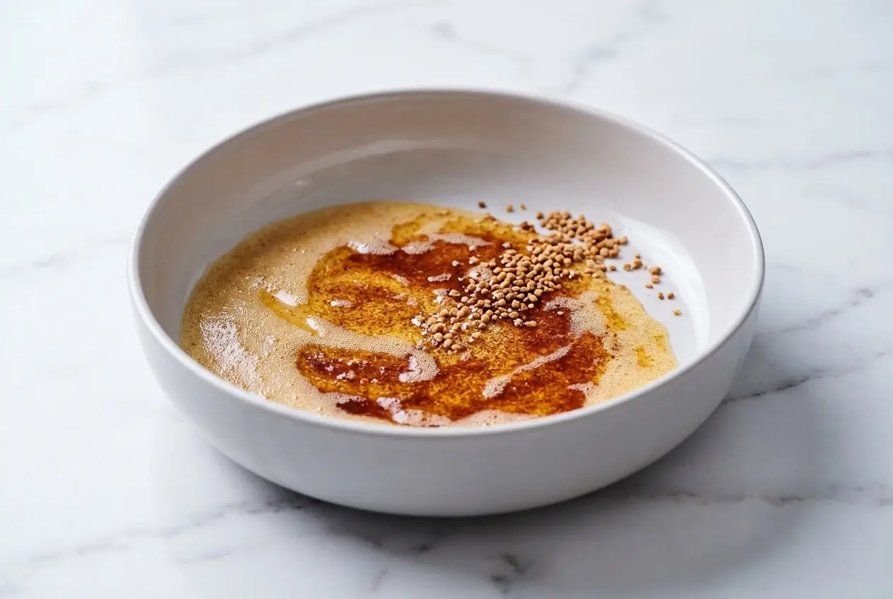 Golden brown beurre noisette recipe in a saucepan with toasted milk solids from the dry milk powder hack.