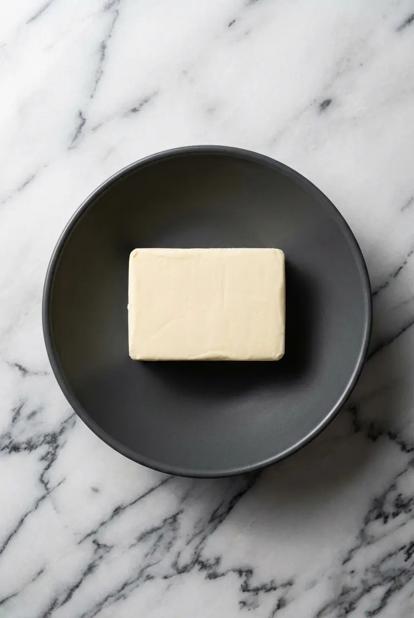 Ingredients for a beurre noisette recipe including blocks of unsalted butter and dry milk powder on a board.