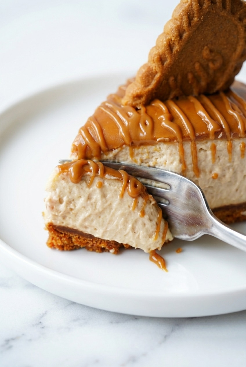 Close-up of a biscoff cheesecake recipe slice showing the smooth filling and golden caramelization on top.