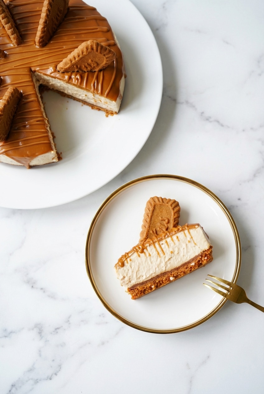 Biscoff cheesecake recipe served on a modern plate, ready for a dinner party dessert.