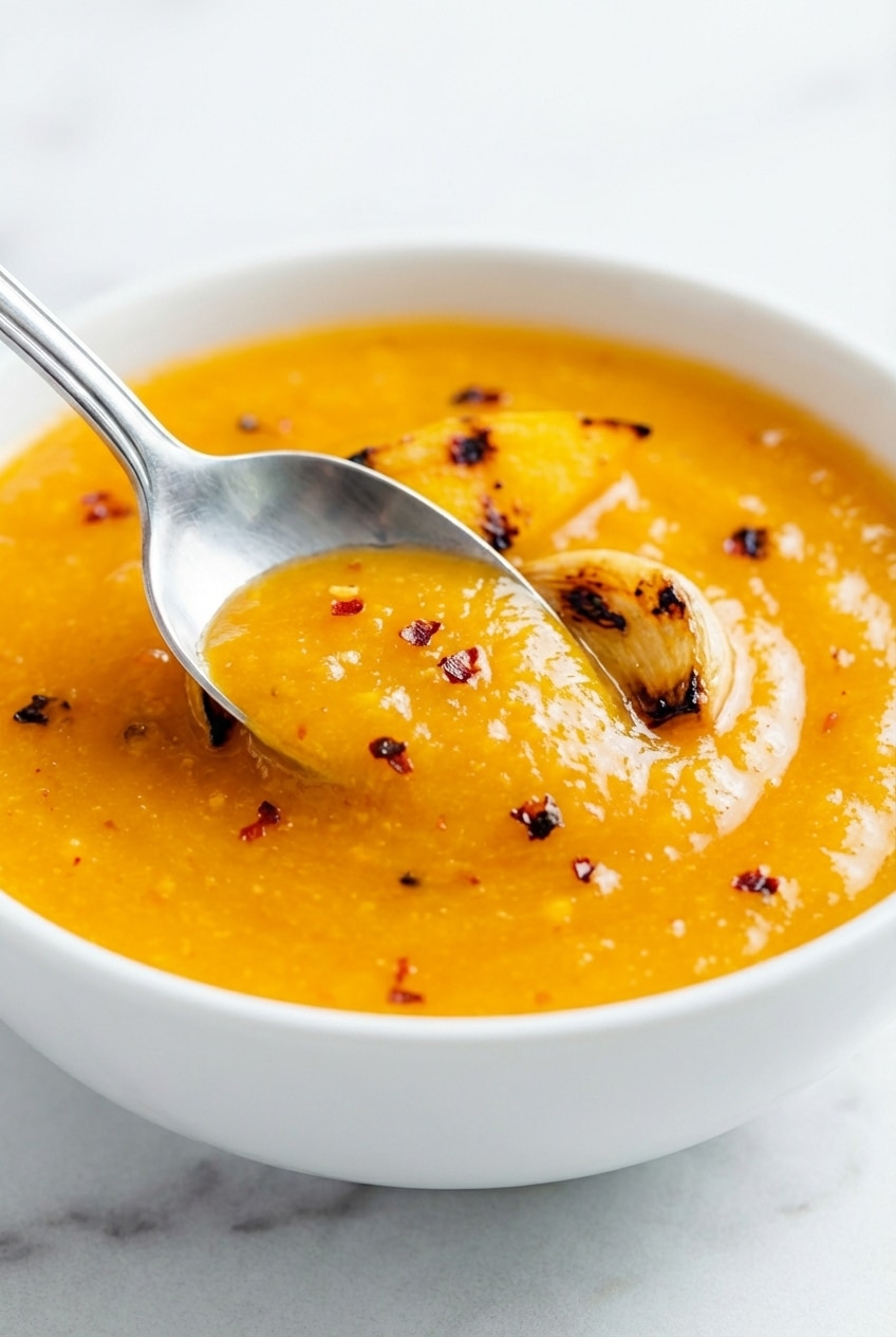 A close view of sweet mango chili sauce in a blender jar showing the charred mango bits and Thai red chili flakes.