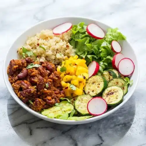 Kidney Bean Bowl featuring pan-blistered beans and a vibrant Avocado-Cilantro Crema drizzle over fluffy quinoa.