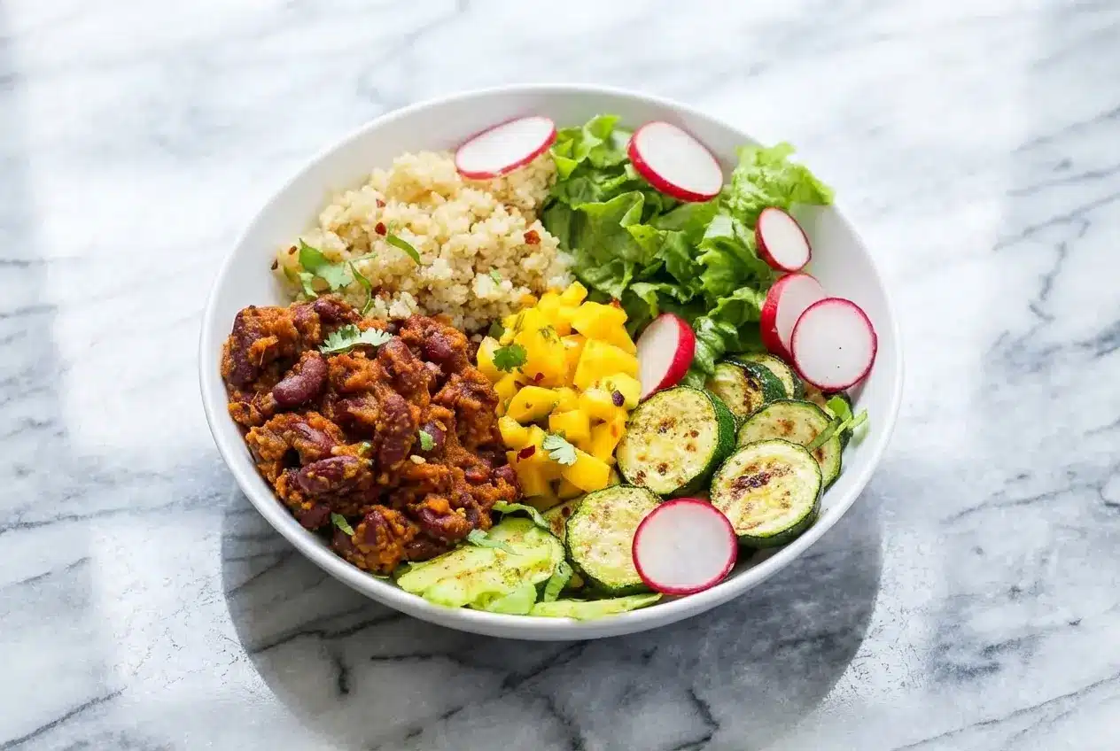 Kidney Bean Bowl featuring pan-blistered beans and a vibrant Avocado-Cilantro Crema drizzle over fluffy quinoa.