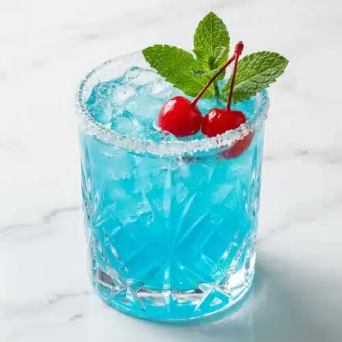 Shimmering Blue Glacier Cocktail served in a martini glass, featuring swirling silver edible luster dust.