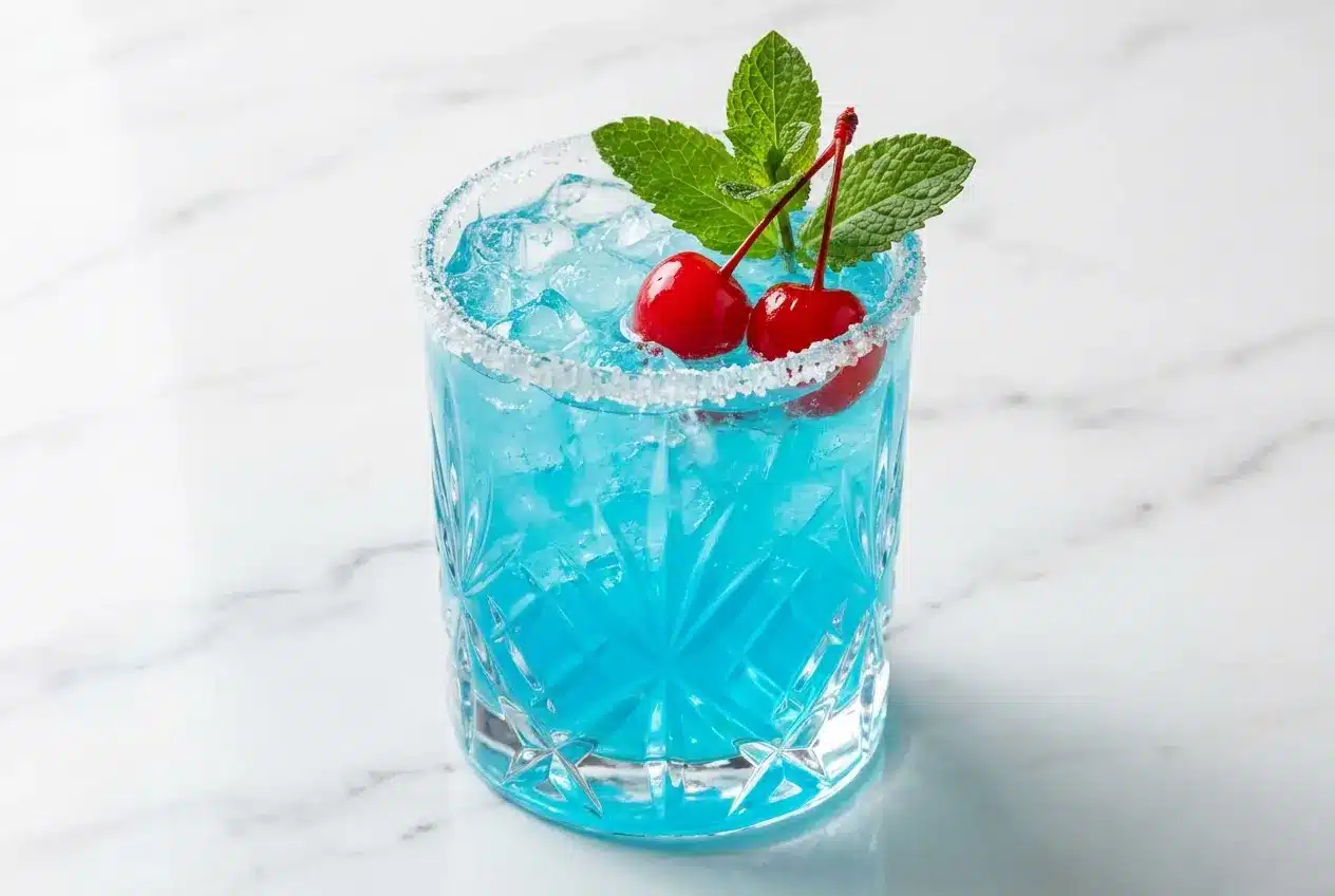 Shimmering Blue Glacier Cocktail served in a martini glass, featuring swirling silver edible luster dust.