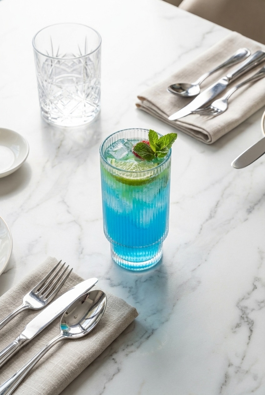 A prepared blue raspberry energy drink sitting on a sunny patio table.