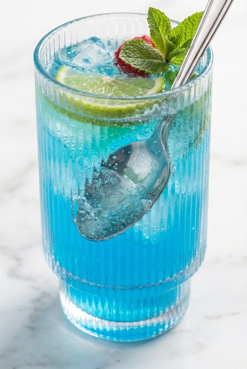 Close-up of swirling blue raspberry syrup and lime juice blending with icy carbonation.