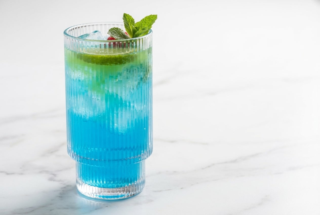 Vibrant blue raspberry energy drink featuring a zesty lime juice twist over crushed ice.