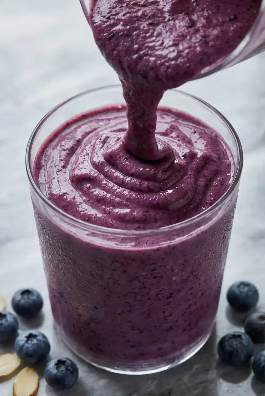 Smooth texture of a blueberry almond milk smoothie being mixed in a high-speed blender.