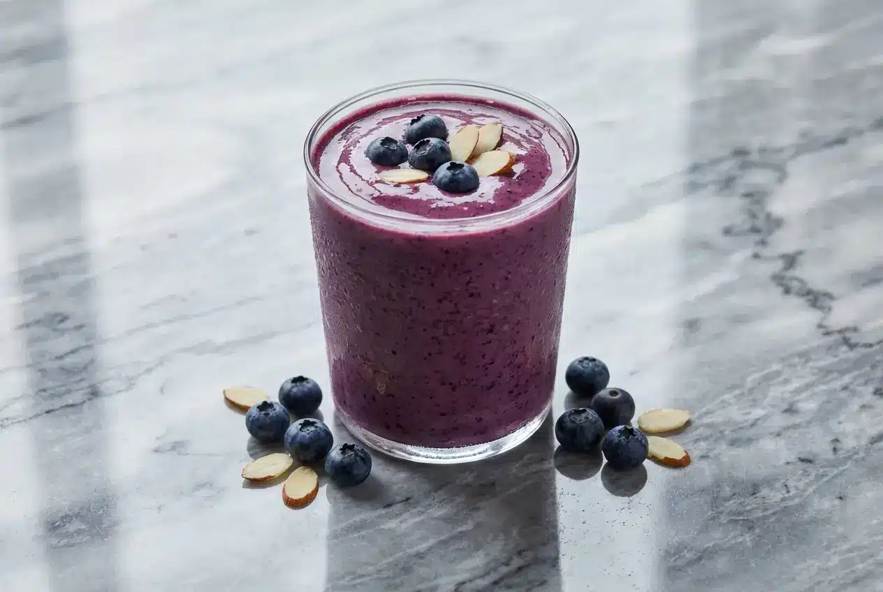 Creamy blueberry almond milk smoothie topped with fresh lemon zest and a hint of almond extract.